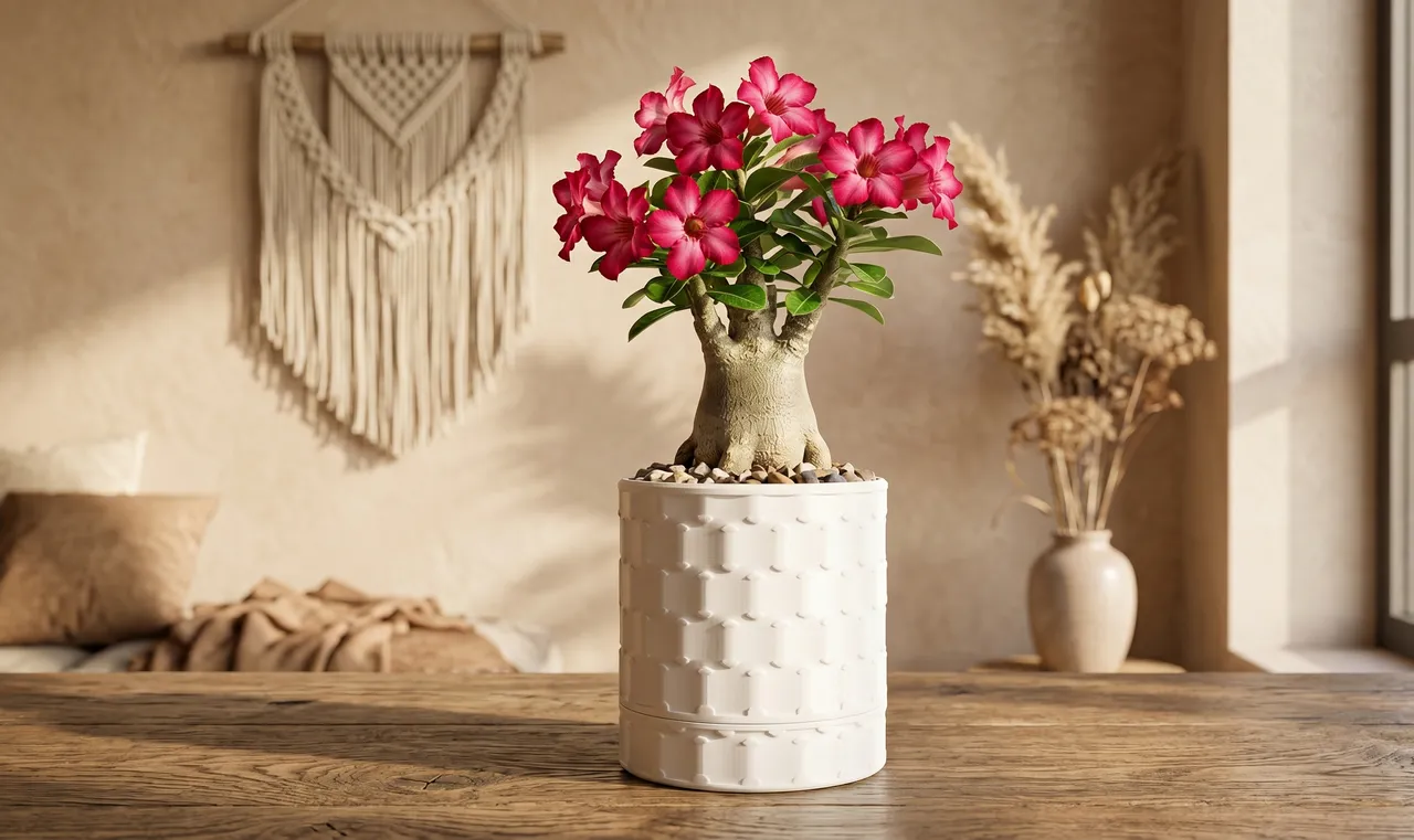 Adenium w białej osłonce z wzorem 3D na drewnianym stole