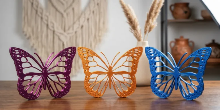 Ażurowe motyle z druku 3D w kolorach fioletowym, pomarańczowym i niebieskim