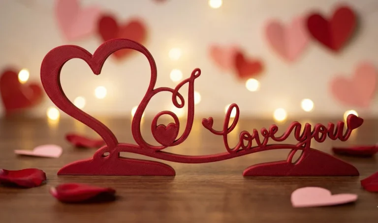 Czerwony napis I love you z sercem z druku 3D na walentynkowym stole