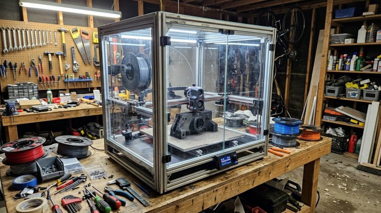 Duża drukarka 3D w aluminiowej obudowie drukująca część techniczną