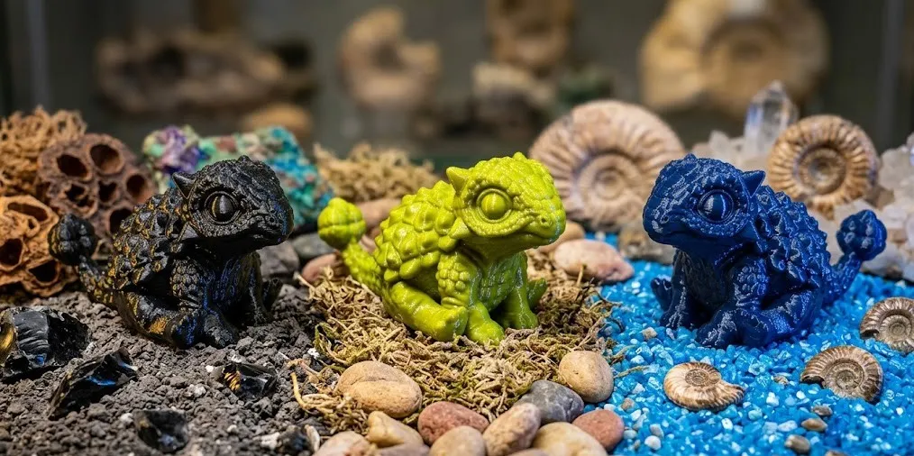 Figurki dinozaurów ankylozaurów z druku 3D wśród skamieniałości