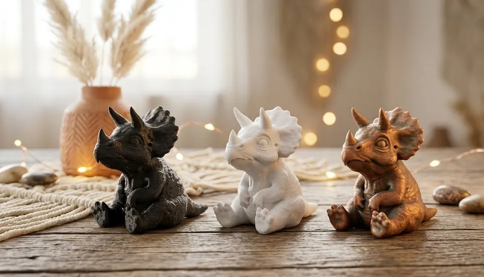 Figurki triceratopsów z druku 3D w kolorach czarnym, białym i miedzianym