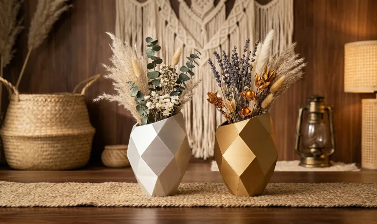 Geometryczne wazony low-poly z druku 3D w kolorze białym i złotym