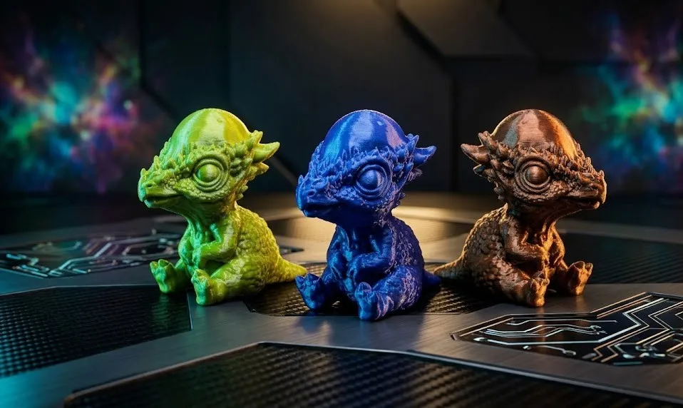 Kolorowe figurki dinozaurów z druku 3D na tle neonowych świateł