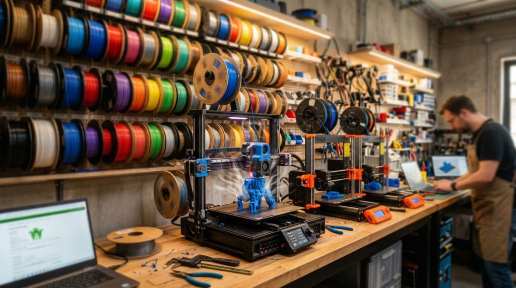 Kilka drukarek 3D drukujących części jednocześnie w warsztacie