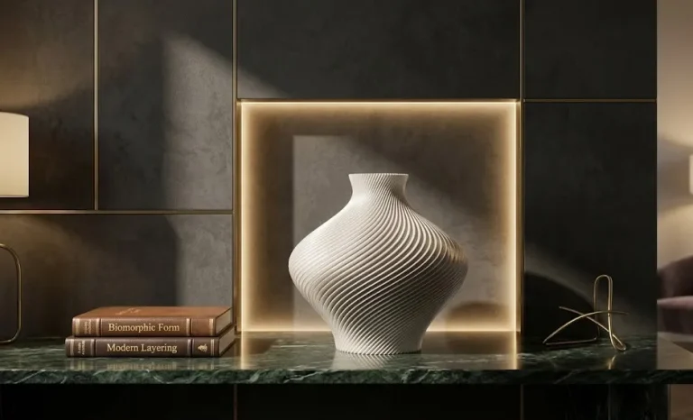 Srebrna waza z druku 3D na marmurowej półce w eleganckim wnętrzu