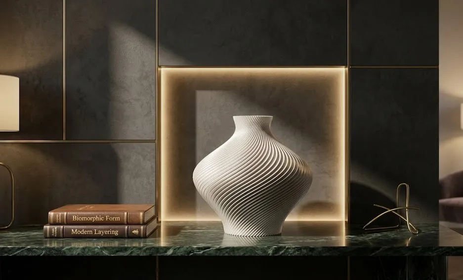 Srebrna waza z druku 3D na marmurowej półce w eleganckim wnętrzu