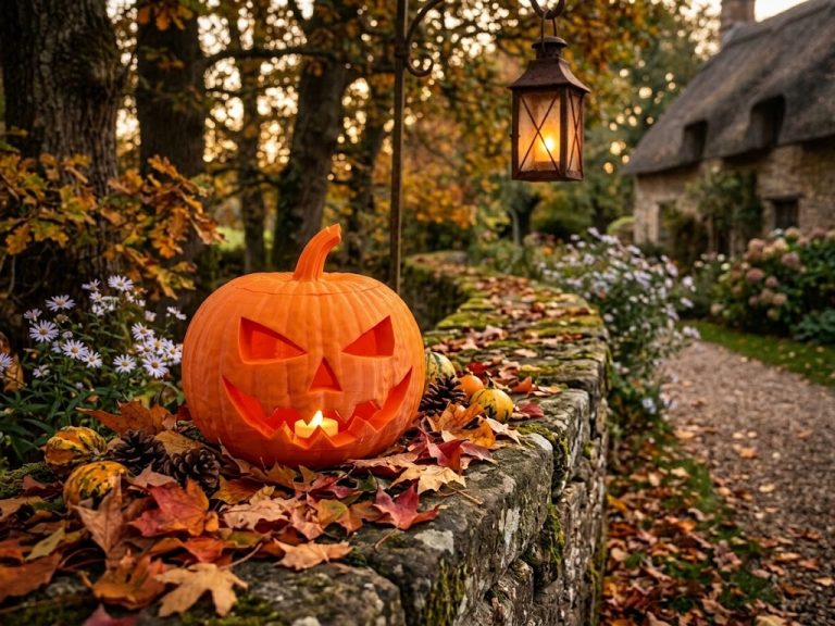 Świecąca dynia na Halloween z druku 3D na murku wśród jesiennych liści