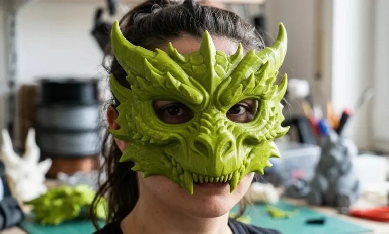 Zielona maska smoka z druku 3D założona na twarz w pracowni